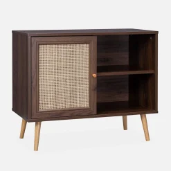 80cm scandi-style storage cabinet with wooden and cane rattan