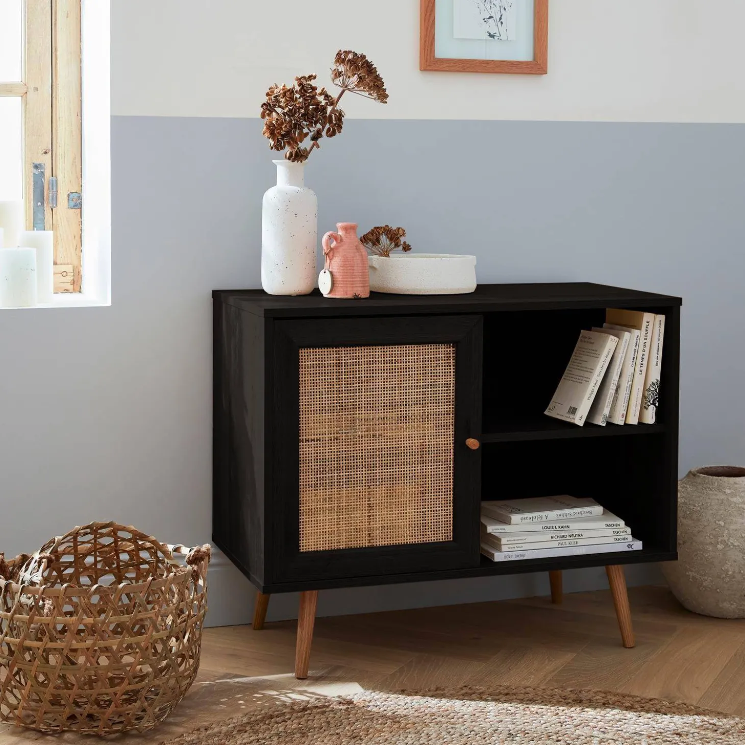 80cm scandi-style storage cabinet with wooden and cane rattan