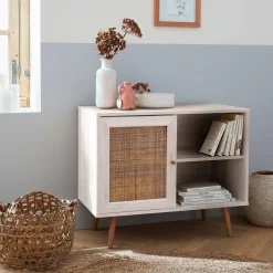 80cm scandi-style storage cabinet with wooden and cane rattan