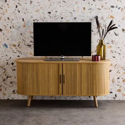 120cm scandi-style TV unit with grooved wooden effect and 2 sliding doors