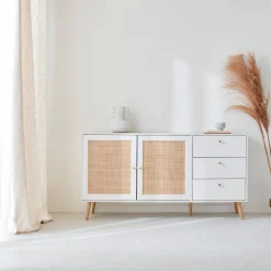 150cm scandi-style wooden and cane effect sideboard