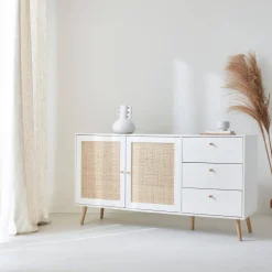 150cm scandi-style wooden and cane effect sideboard