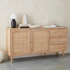 150cm scandi-style wooden and cane effect sideboard