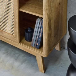 150cm sideboard with wood and cane effect, 2 sliding doors