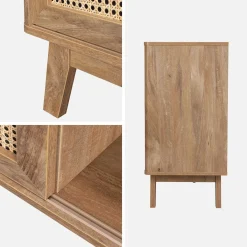 150cm sideboard with wood and cane effect, 2 sliding doors