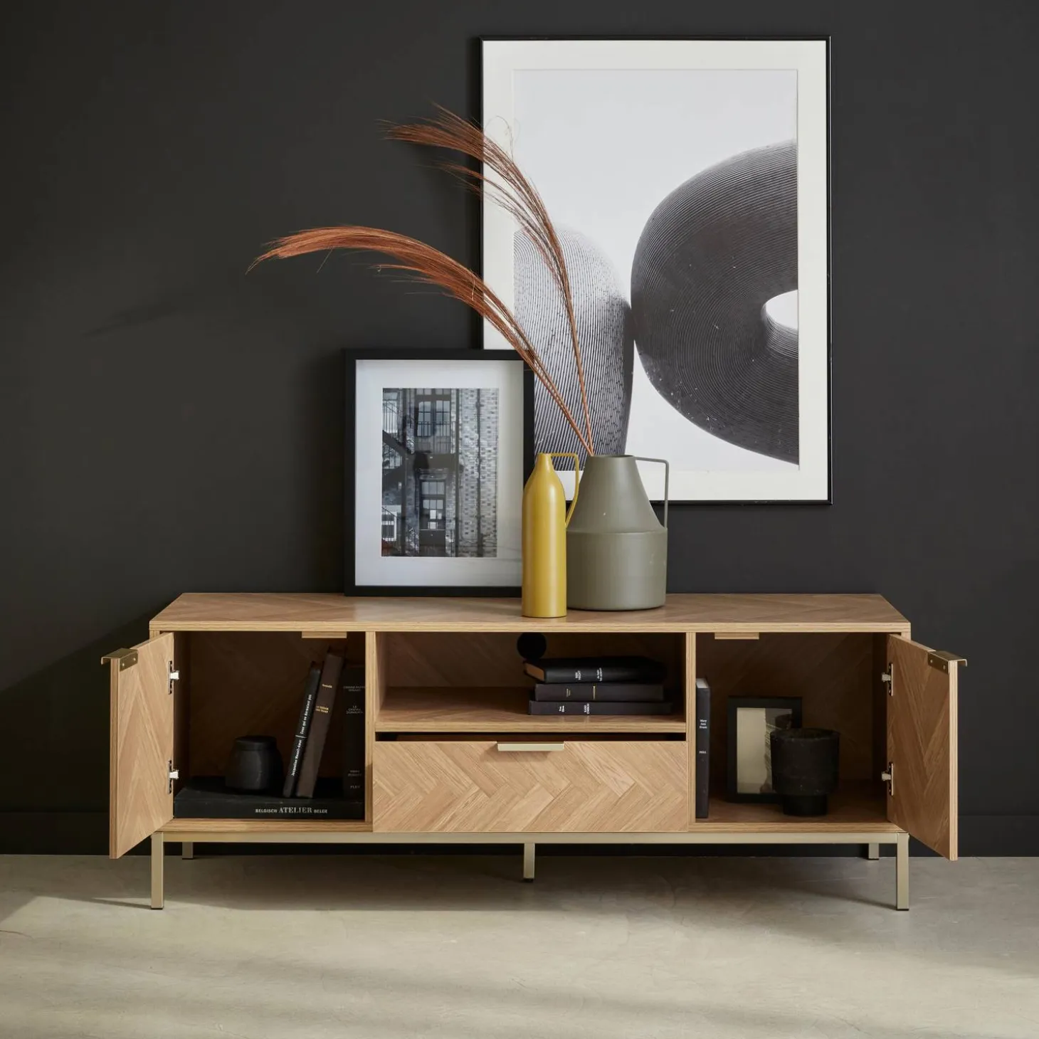 120cm TV unit 2 cupboard herringbone 1 drawer