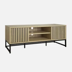 120cm TV unit  grooved wooden effect and metal 2 doors