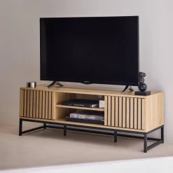120cm TV unit  grooved wooden effect and metal 2 doors