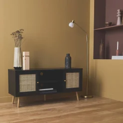 120cm TV unit wooden and cane effect 2 doors