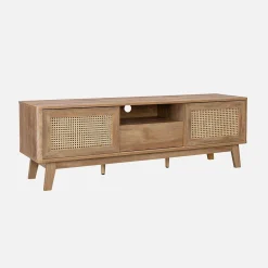150cm TV unit wooden effect and cane 2 sliding doors
