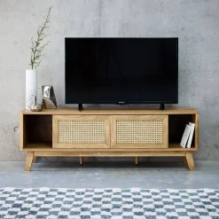 150cm TV unit wooden effect and cane 2 sliding doors