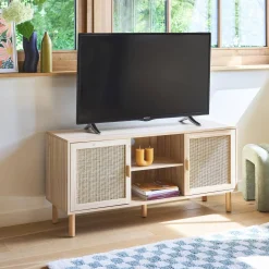 120cm TV unit wooden effect and cane 2 doors