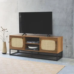 140cm TV unit wooden effect and rounded cane 2 doors