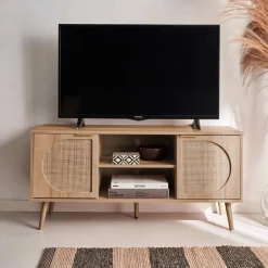 120cm TV unit woodenn effect rounded cane rattan 2 doors