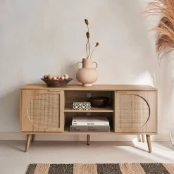 120cm TV unit woodenn effect rounded cane rattan 2 doors
