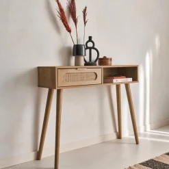 100cm wood and cane rattan console table