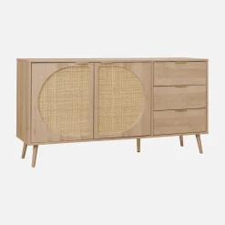150cm wood and rounded cane rattan sideboard