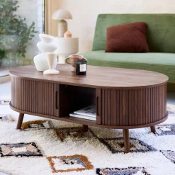 Coffee table with sliding doors and grooved wooden-effect compartments