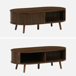 Coffee table with sliding doors and grooved wooden-effect compartments
