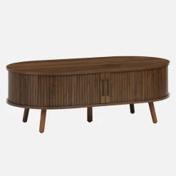 Coffee table with sliding doors and grooved wooden-effect compartments