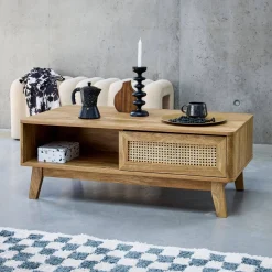 Coffee table with sliding door wood and cane effect