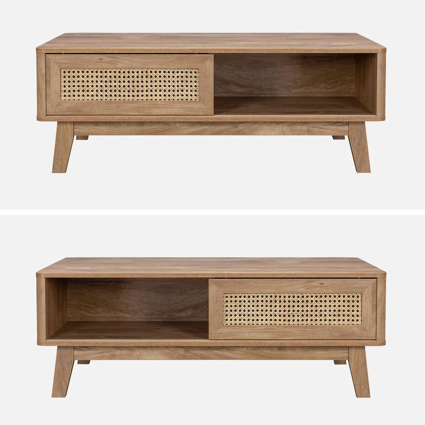 Coffee table with sliding door wood and cane effect