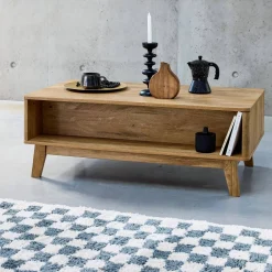 Coffee table with sliding door wood and cane effect