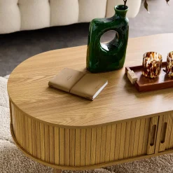 Coffee table with sliding doors and grooved wooden-effect compartments