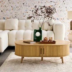 Coffee table with sliding doors and grooved wooden-effect compartments