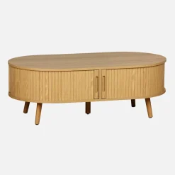 Coffee table with sliding doors and grooved wooden-effect compartments
