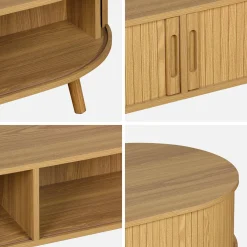 Coffee table with sliding doors and grooved wooden-effect compartments