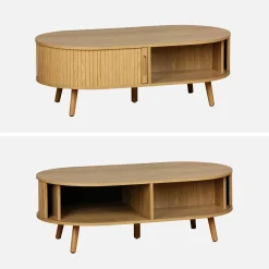 Coffee table with sliding doors and grooved wooden-effect compartments