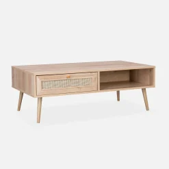 Coffee table with wood and cane effect