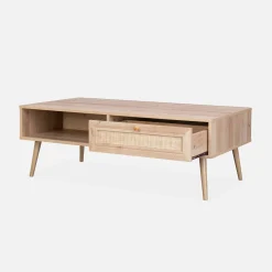 Coffee table with wood and cane effect