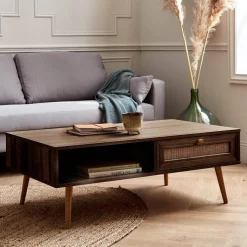 Coffee table with wood and cane effect