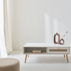 Coffee table with wood and cane effect