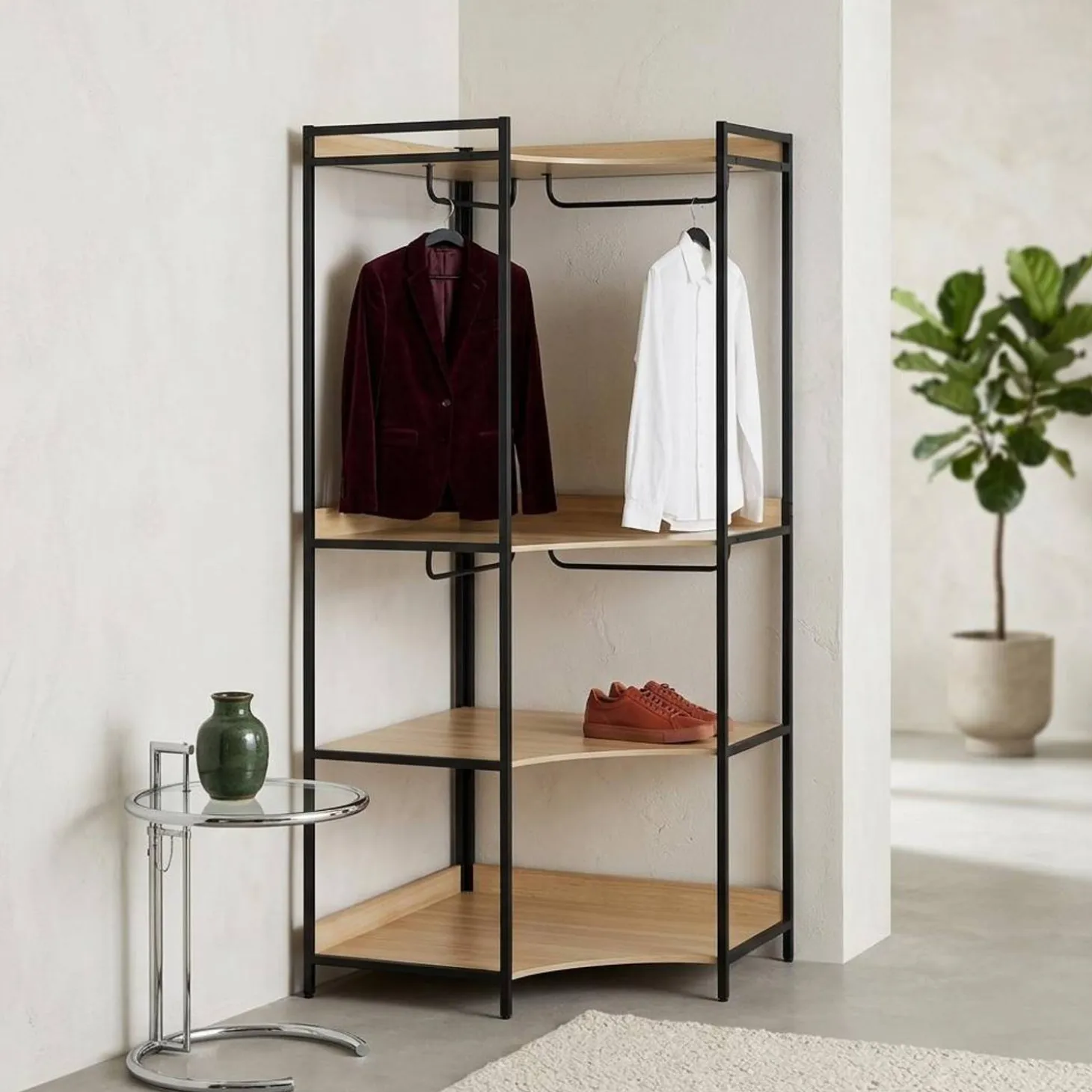 Corner wardrobe module with 4 wardrobes and 2 shelves