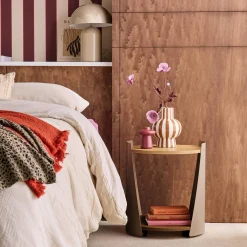 Curved metal side table or bedside table with wood decor and casters