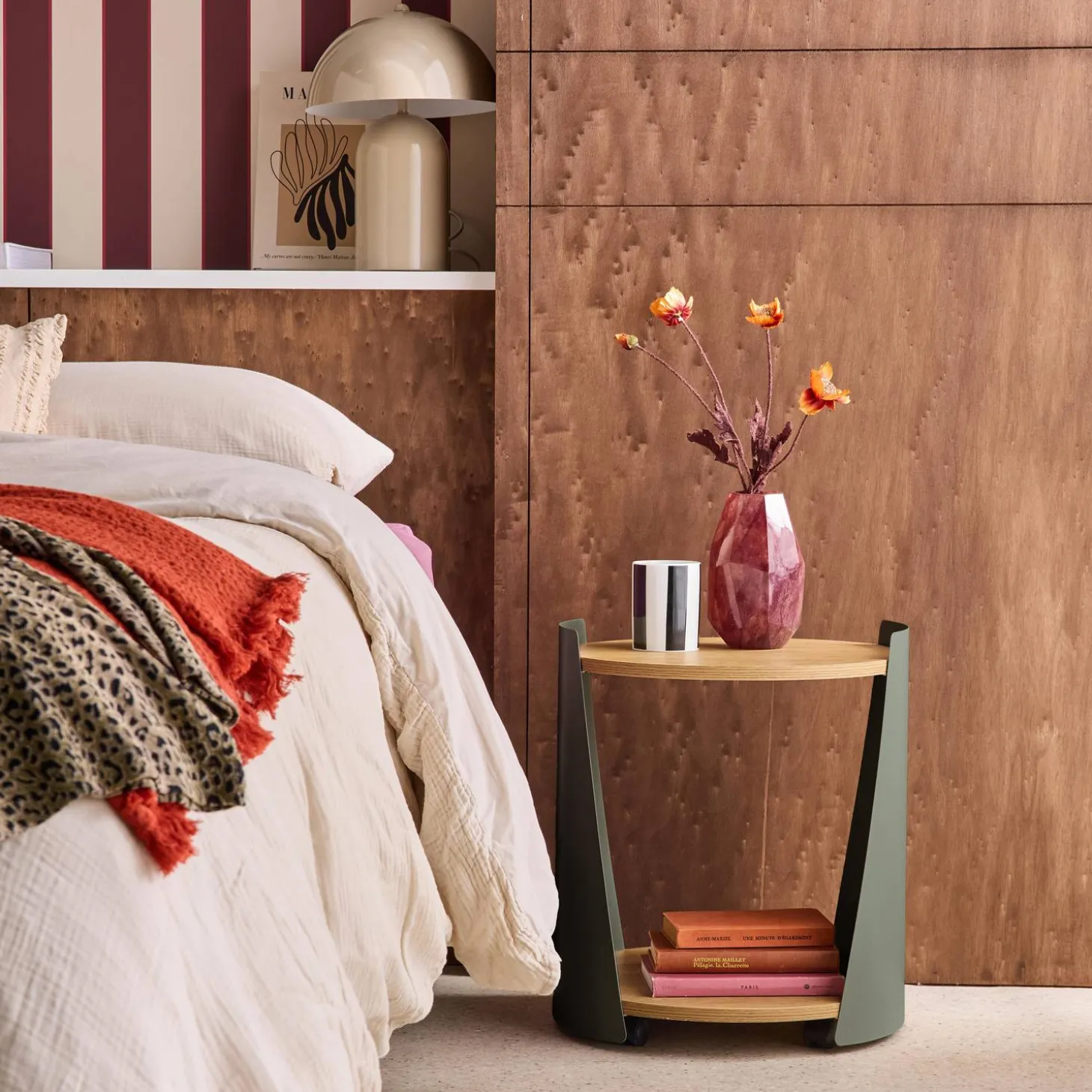 Curved metal side table or bedside table with wood decor and casters