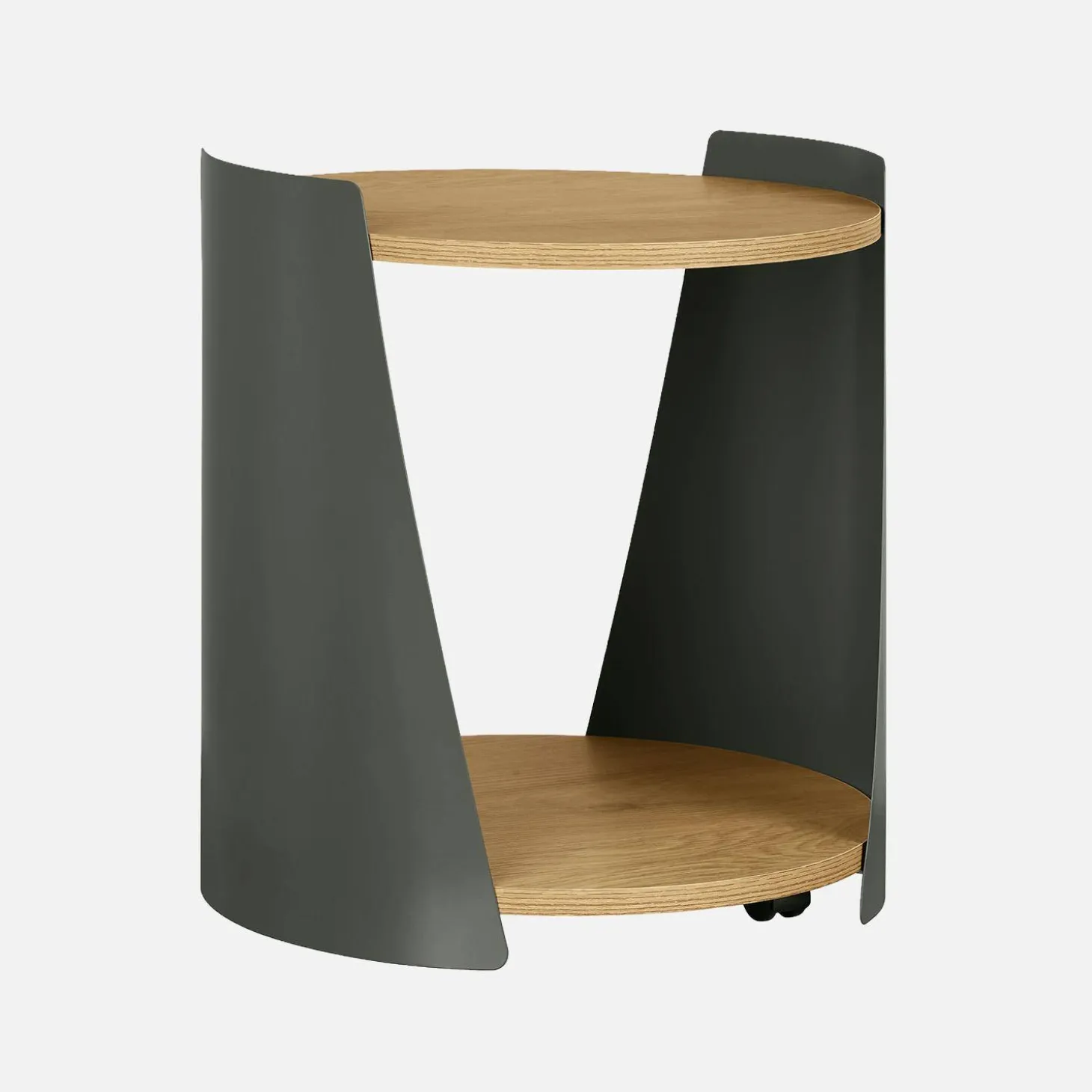 Curved metal side table or bedside table with wood decor and casters