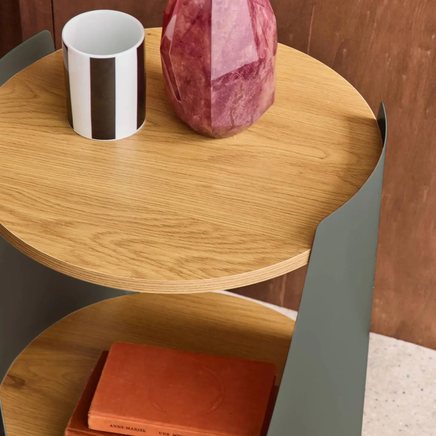 Curved metal side table or bedside table with wood decor and casters