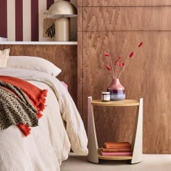 Curved metal side table or bedside table with wood decor and casters