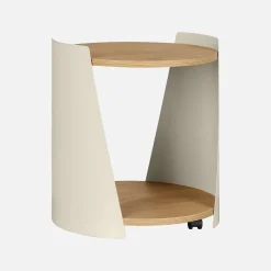 Curved metal side table or bedside table with wood decor and casters