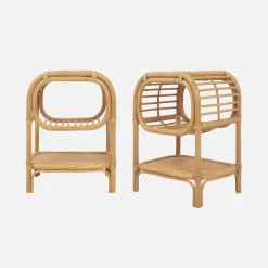 Curved natural rattan bedside table 1 shelf 1 niche (set of 2)