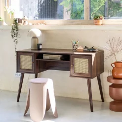 2-door desk with wood and cane effect