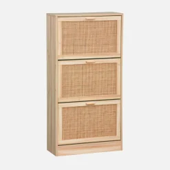 3-door shoe cabinet with cane and wood effect
