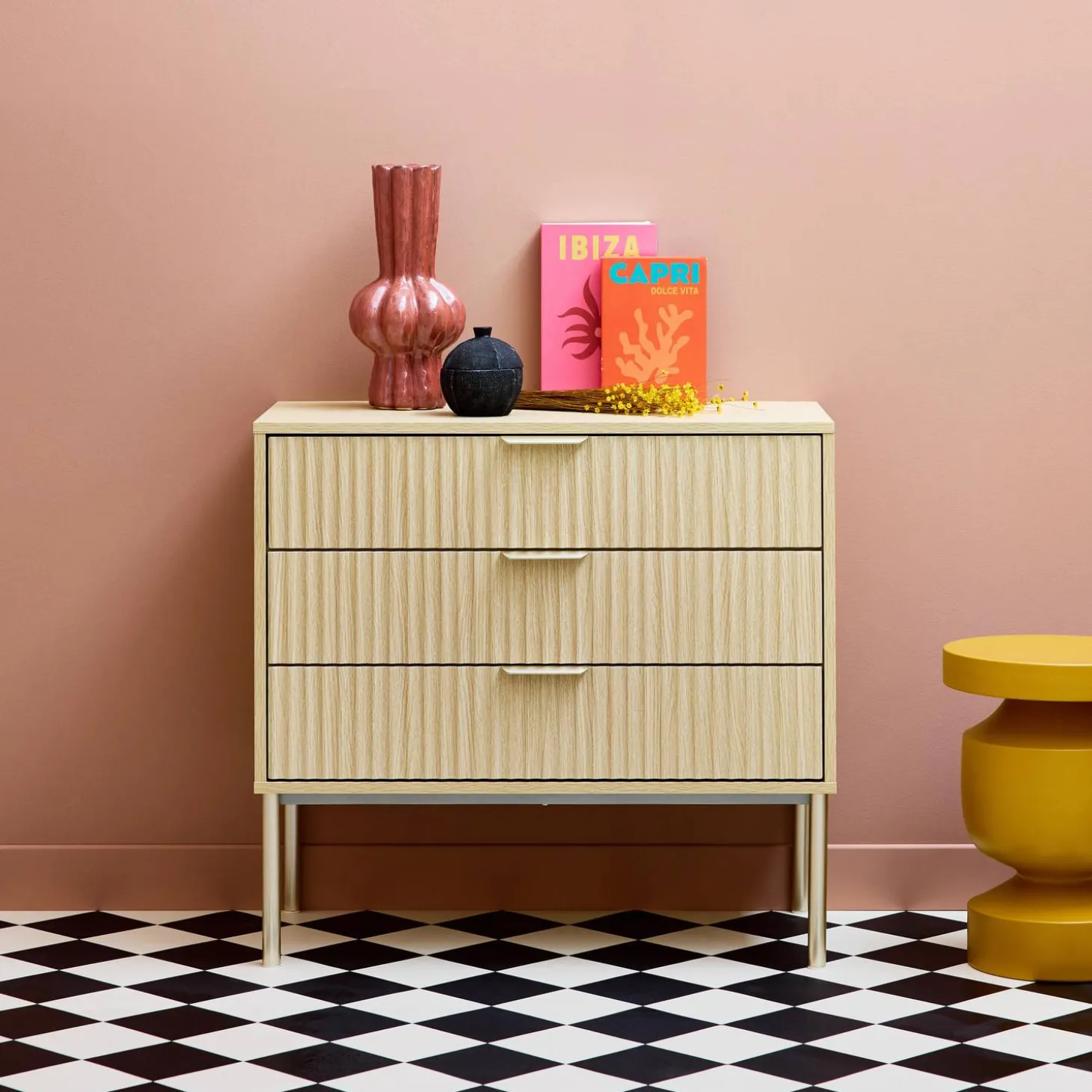 3-drawer chest in wood and metal-effect