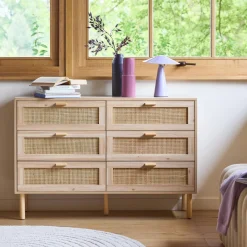 6-drawer chest with cane and wooden effect