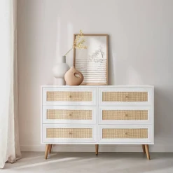 6-drawer chest with wood and cane effect