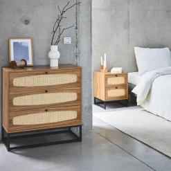 3-drawer chest with wood and cane effect